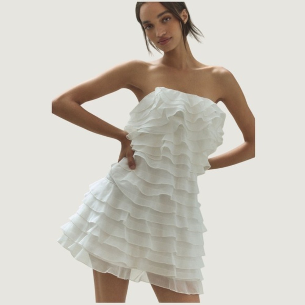 BHLDN Anthropologie Strapless Ruffle Mini Dress Womens 16 Ivory Organza Bridal
